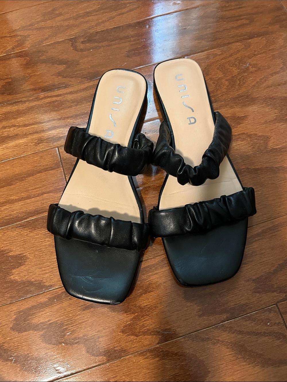 Unisa Black Ruched Double-Strap Slide Sandals with Square Toe